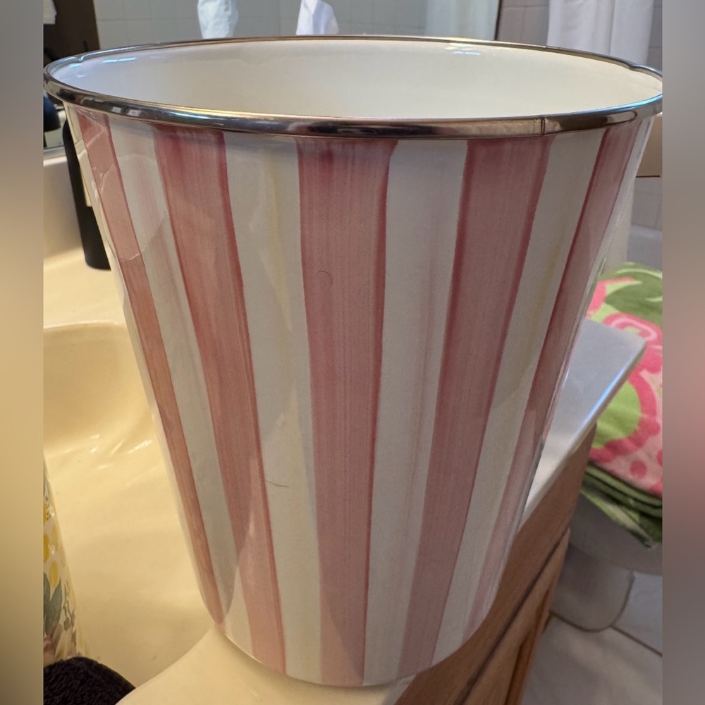 MacKenzie-Childs Vintage NWT  Pink and White Striped Bathing Hut Waste Bin